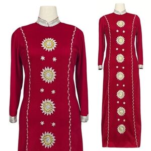 Vintage Dress Raspberry Red Silver Gold Embroidered Starburst Small Medium S/M